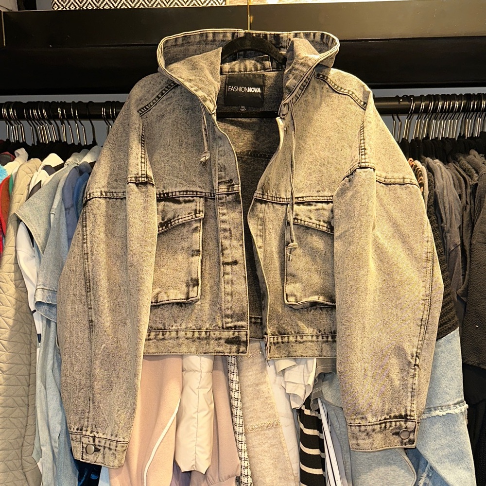 Fashion Nova Washed Black Hooded Denim Jacket
